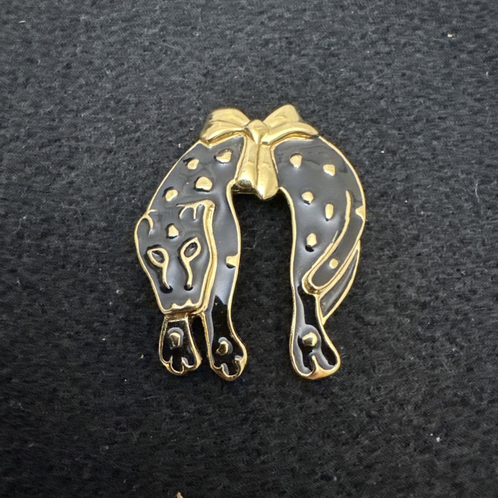Trifari 1980's Gold Tone Black Enamel Leopard Tiger Brooch Statement EUC
